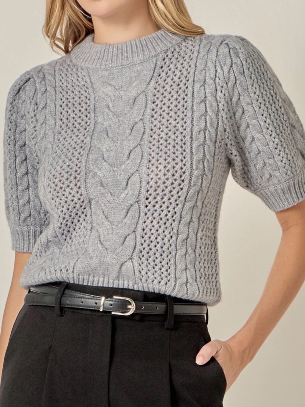 Women’s Puff Sleeve Cable Knit Short Sleeve Sweater - Gray